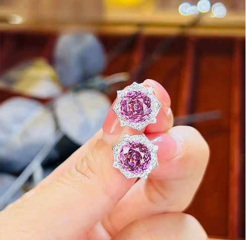 Millennium Purple Pink Flower 925 Silver Earrings Inlaid with High Carbon Diamond Light Luxury