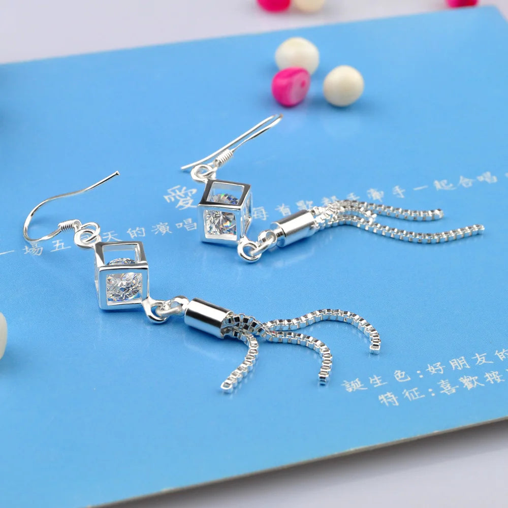 Elegant Long Zirconium Block Drilled Earrings Unique Solid 925 Sterling Silver Fine Jewellery.