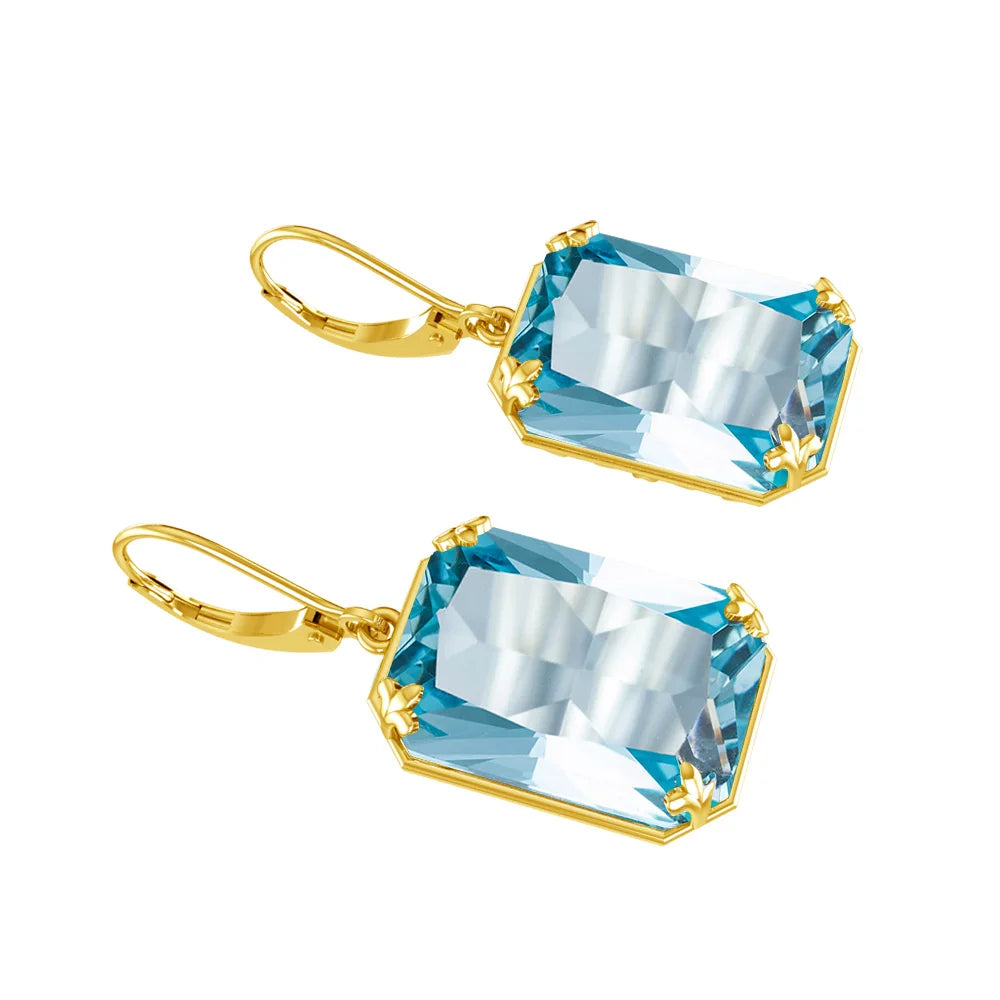 Real 100% 925 Silver Earrings Aquamarine 14K Gold Plated Drop Earrings Fine Jewelry.