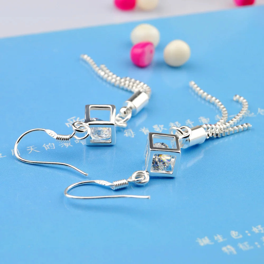Elegant Long Zirconium Block Drilled Earrings Unique Solid 925 Sterling Silver Fine Jewellery.