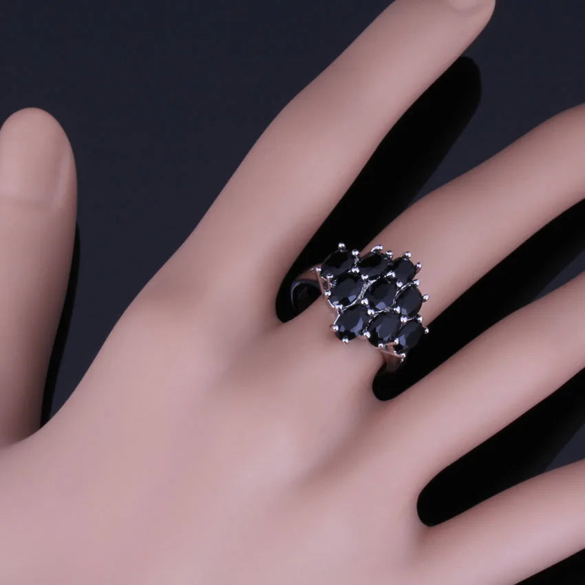Dazzling Oval Black Cubic Zirconia Silver Plated Ring V0420