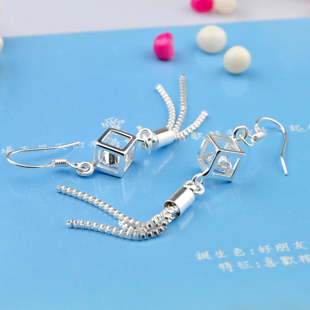 Elegant Long Zirconium Block Drilled Earrings Unique Solid 925 Sterling Silver Fine Jewellery.