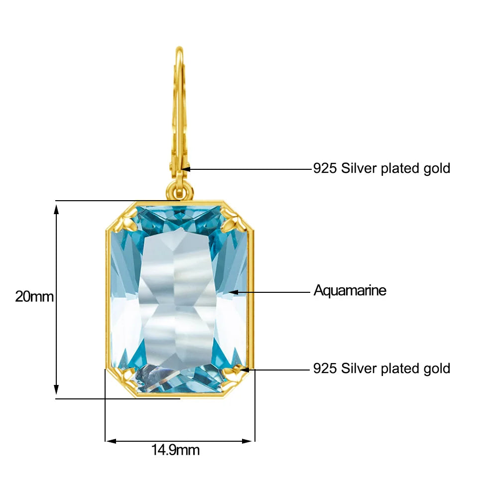 Real 100% 925 Silver Earrings Aquamarine 14K Gold Plated Drop Earrings Fine Jewelry.