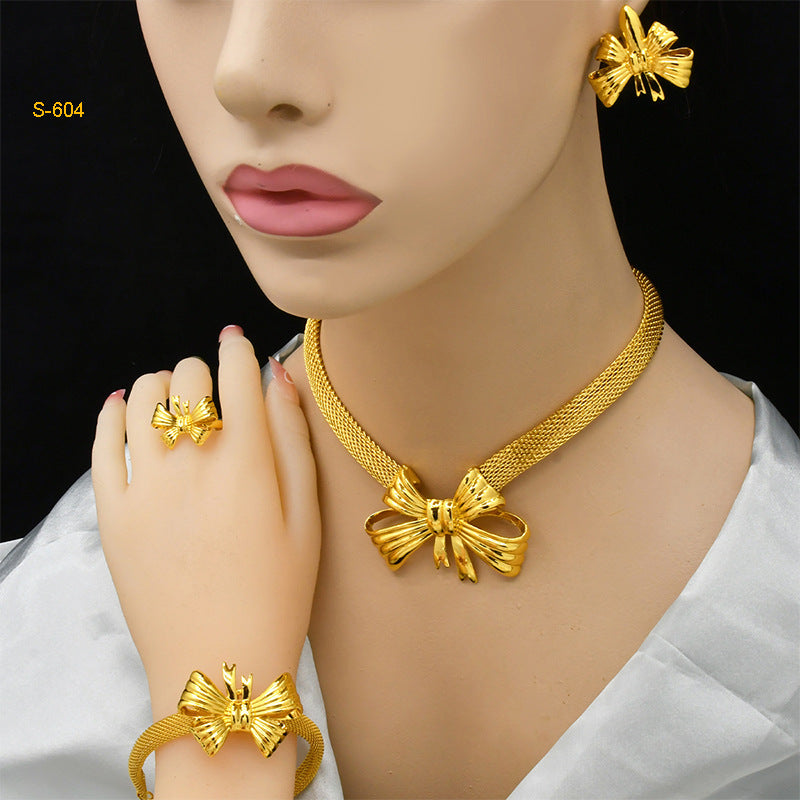 24K Dubai gold jewelry set Saudi bridal necklace bracelet earrings ring Indian ladies four piece wholesale