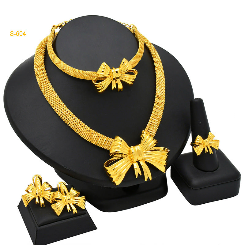 24K Dubai gold jewelry set Saudi bridal necklace bracelet earrings ring Indian ladies four piece wholesale