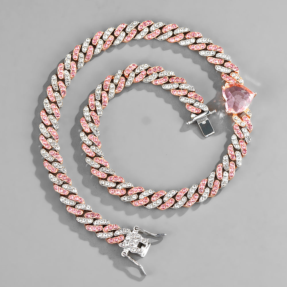 Women's 9mm Full Diamond Hip Hop Cuban Chain Two-Color Peach Heart Personality Fashion Brand Summer Anklet PP Same Style Bracelet Necklace