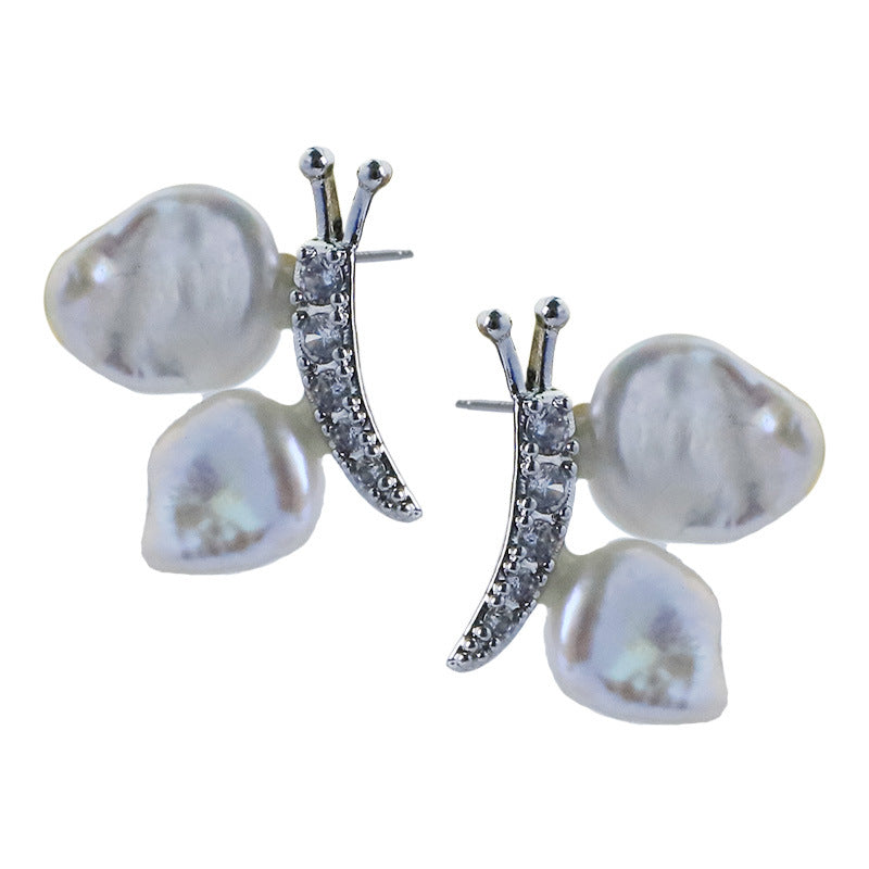 Natural Pearl Butterfly Zircon Sterling Silver Earrings High-End Baroque S925 Silver Simple Handmade Earrings Jewelry