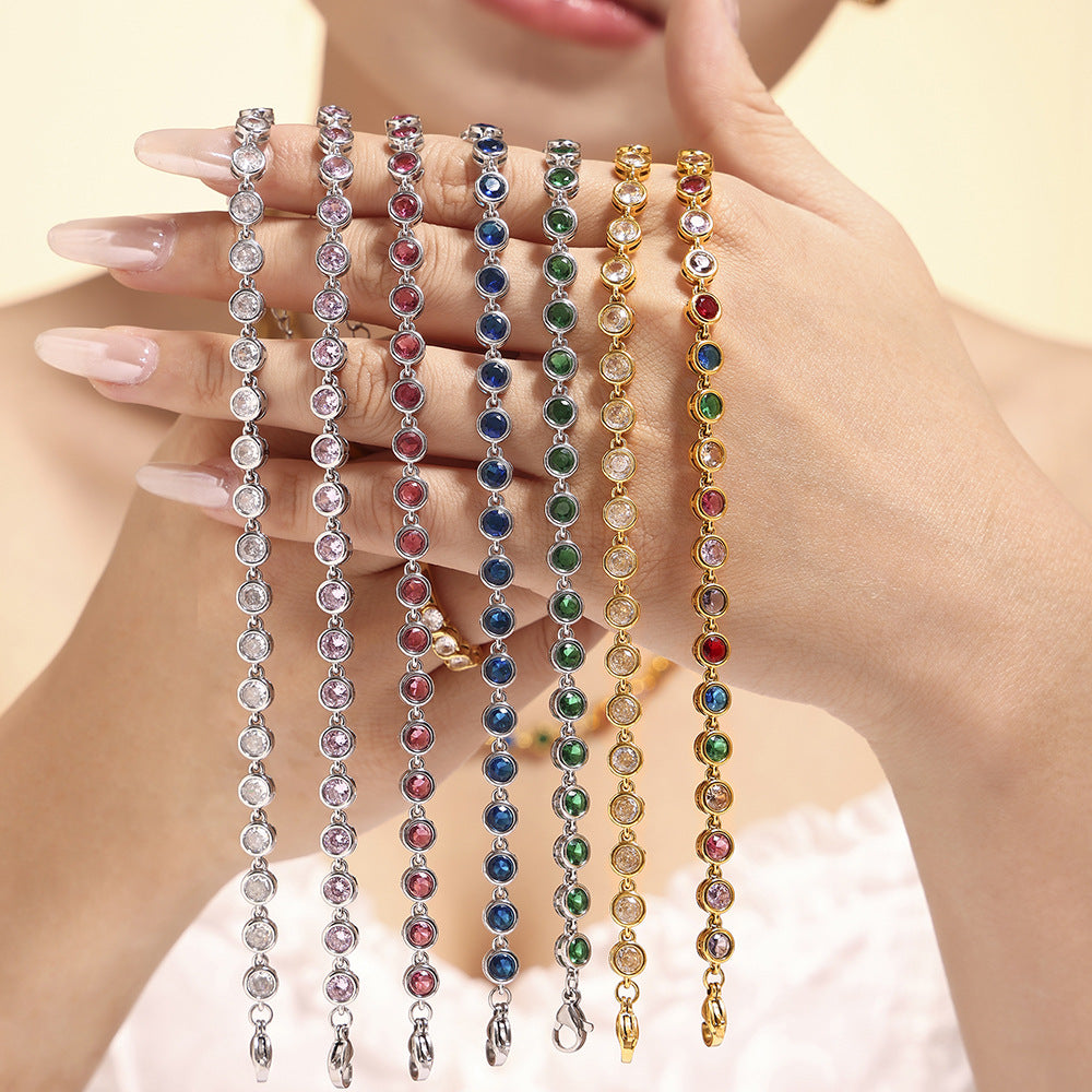 Steel Plated 18K Gold Colorful Round Bead Zircon Necklace Bracelet Super Flash Jewellery Set.