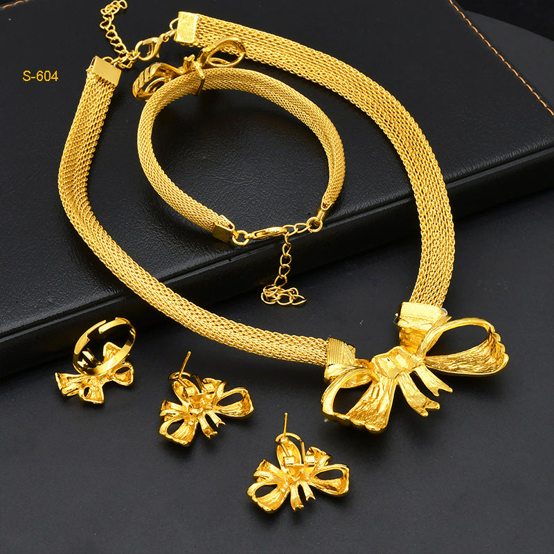 24K Dubai gold jewelry set Saudi bridal necklace bracelet earrings ring Indian ladies four piece wholesale