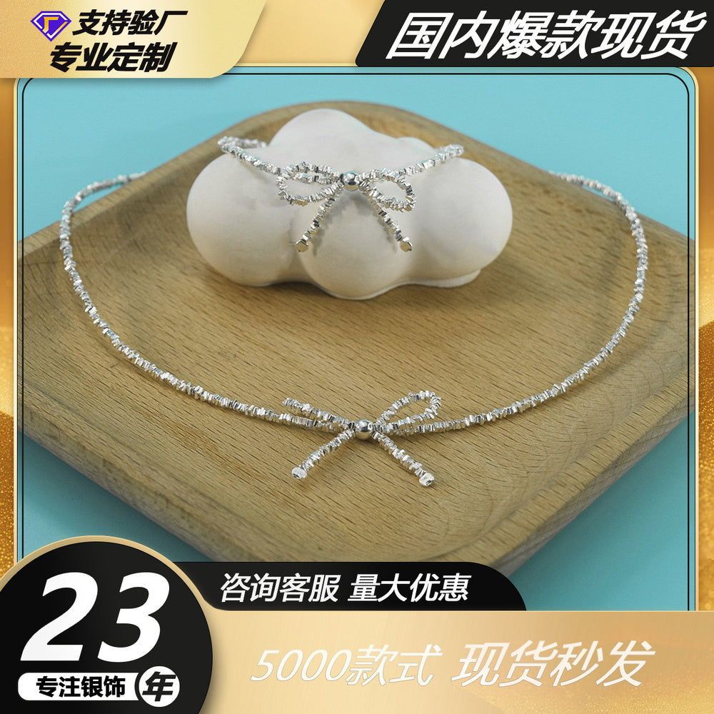 Foot Silver 999 Broken Silver Bow Necklace Korean Niche Design Broken Silver Bow Necklace Clavicle Chain Necklace Chain