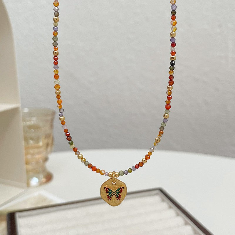 Fashionable and Simple Colorful Butterfly Zircon Beaded Necklace Light Luxury High-End Clavicle Chain.
