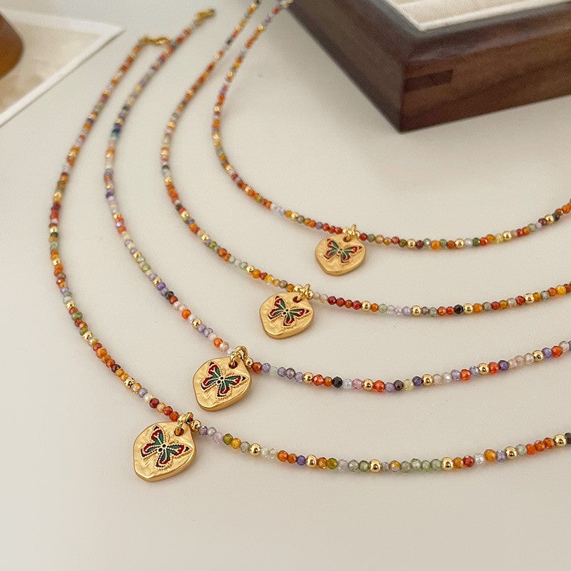 Fashionable and Simple Colorful Butterfly Zircon Beaded Necklace Light Luxury High-End Clavicle Chain.