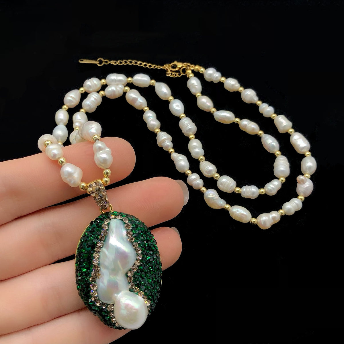 Natural Baroque Pearl Green Czech Diamond suit, Light Luxury Four-piece Jewellery.