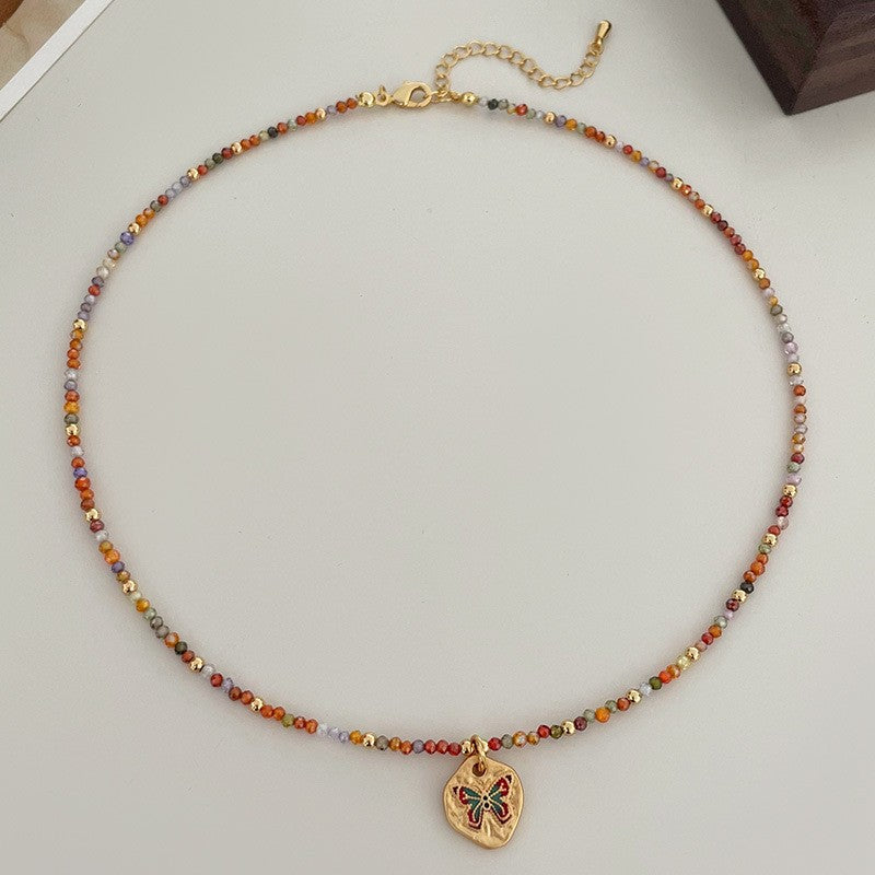 Fashionable and Simple Colorful Butterfly Zircon Beaded Necklace Light Luxury High-End Clavicle Chain.