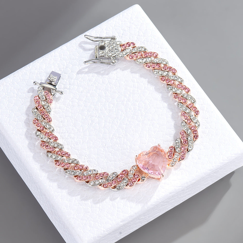 Women's 9mm Full Diamond Hip Hop Cuban Chain Two-Color Peach Heart Personality Fashion Brand Summer Anklet PP Same Style Bracelet Necklace