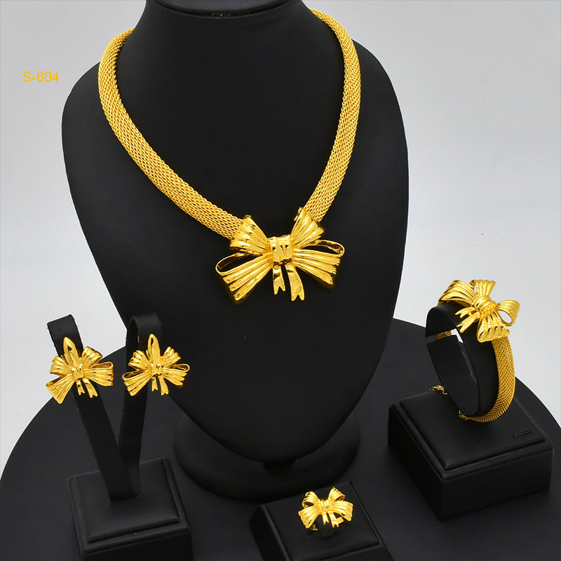 24K Dubai gold jewelry set Saudi bridal necklace bracelet earrings ring Indian ladies four piece wholesale