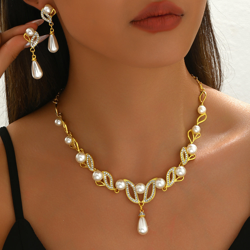 Pinduoduo Cross-border Pearl Women's Fashion Elegant Alloy Drop Bridal Dress Accessories Necklace Earrings suit