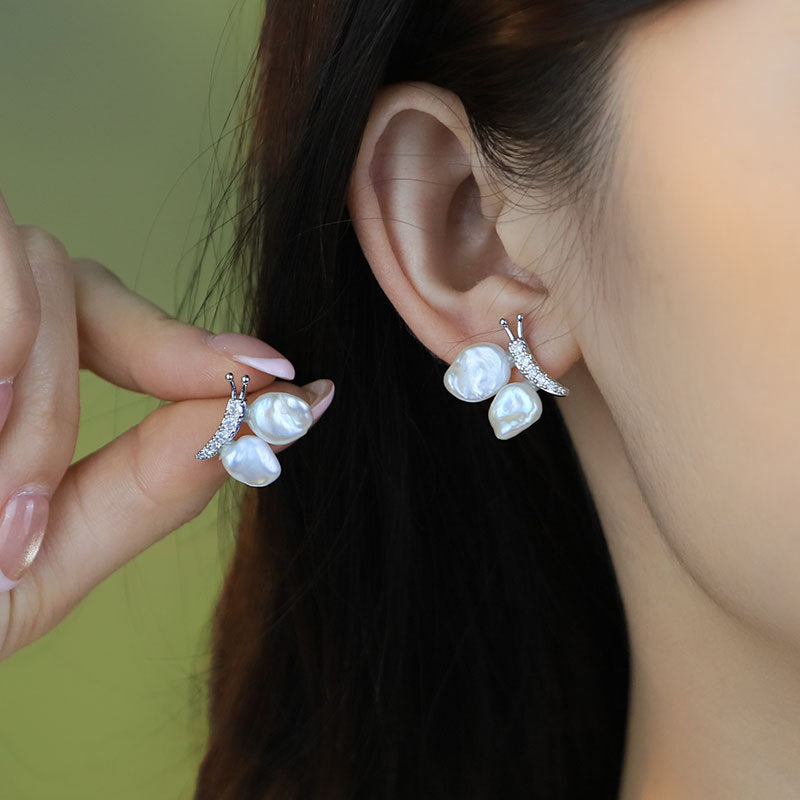 Natural Pearl Butterfly Zircon Sterling Silver Earrings High-End Baroque S925 Silver Simple Handmade Earrings Jewelry