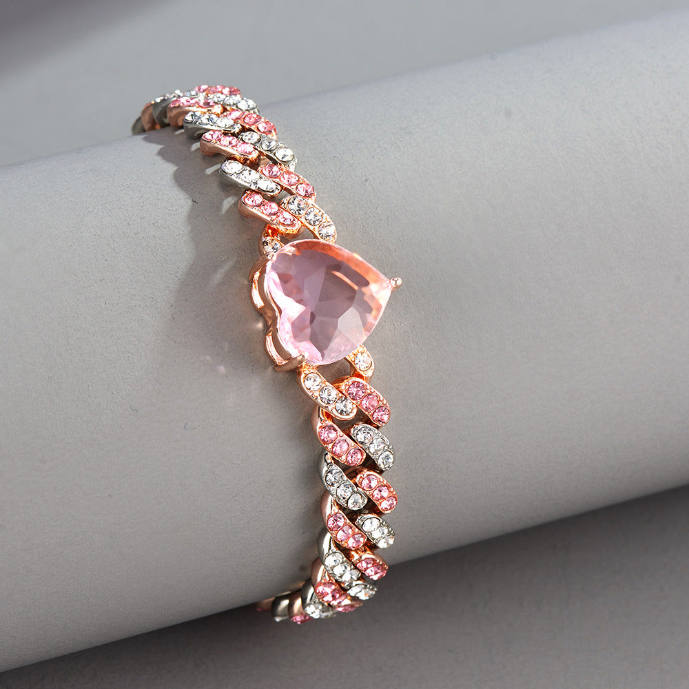 Women's 9mm Full Diamond Hip Hop Cuban Chain Two-Color Peach Heart Personality Fashion Brand Summer Anklet PP Same Style Bracelet Necklace