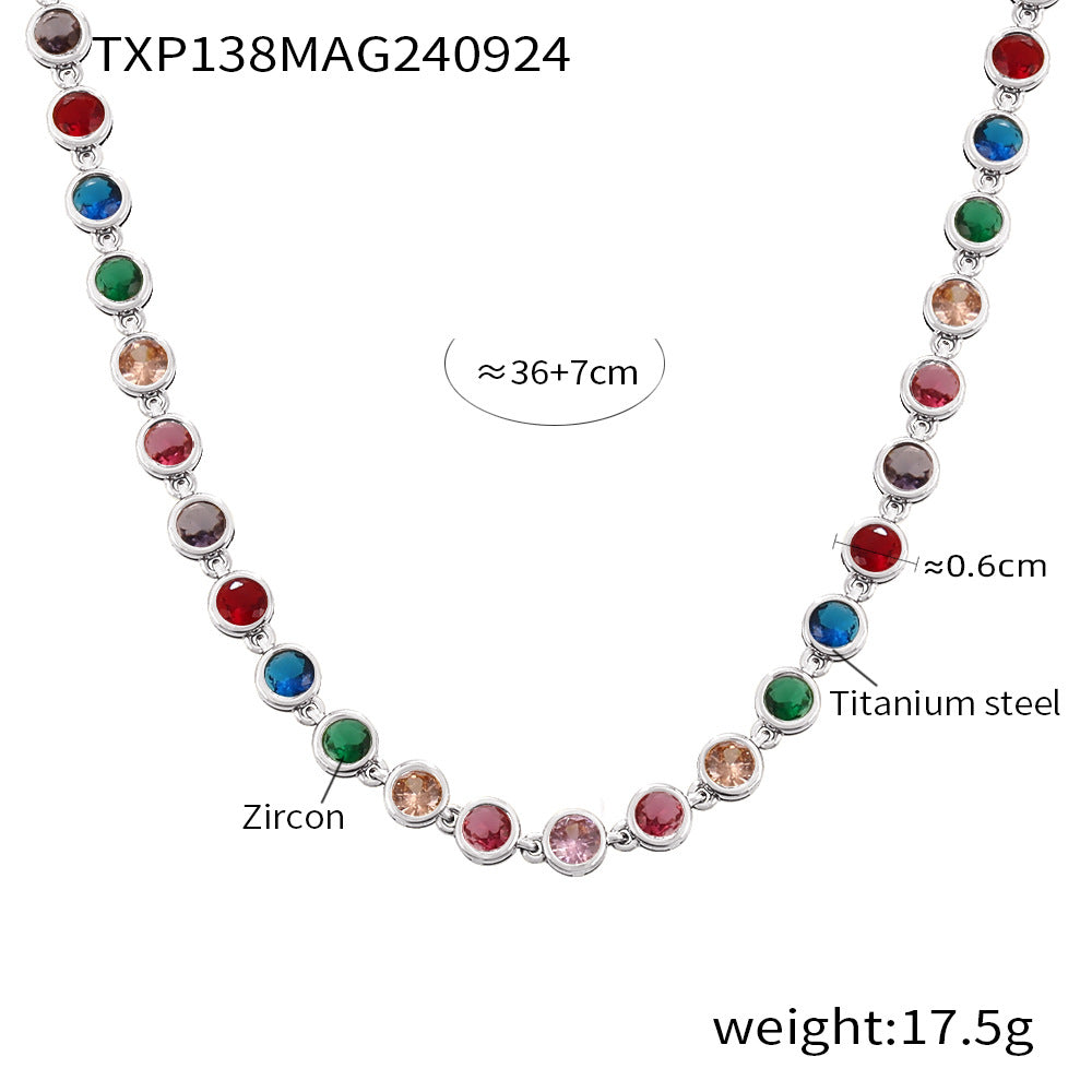 Steel Plated 18K Gold Colorful Round Bead Zircon Necklace Bracelet Super Flash Jewellery Set.