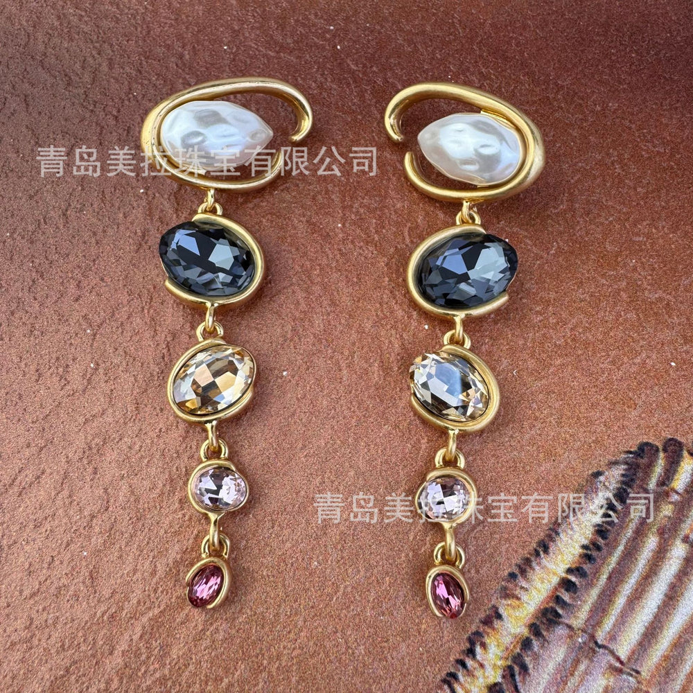 Oscar European and American style exaggerated retro long earrings women's temperament fashion high-end light luxury S925 silver pin earrings