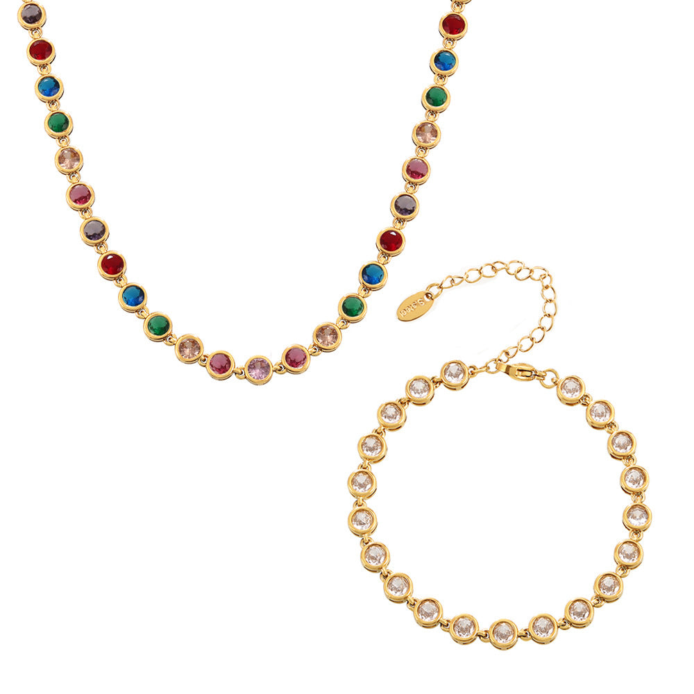 Steel Plated 18K Gold Colorful Round Bead Zircon Necklace Bracelet Super Flash Jewellery Set.