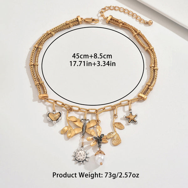 Cross-Border New Products European and American Style Fashion Butterfly Pearl Leaf Hu Flower Heart Chain Pendant Gold-Plated Wholesale Women Alternate View