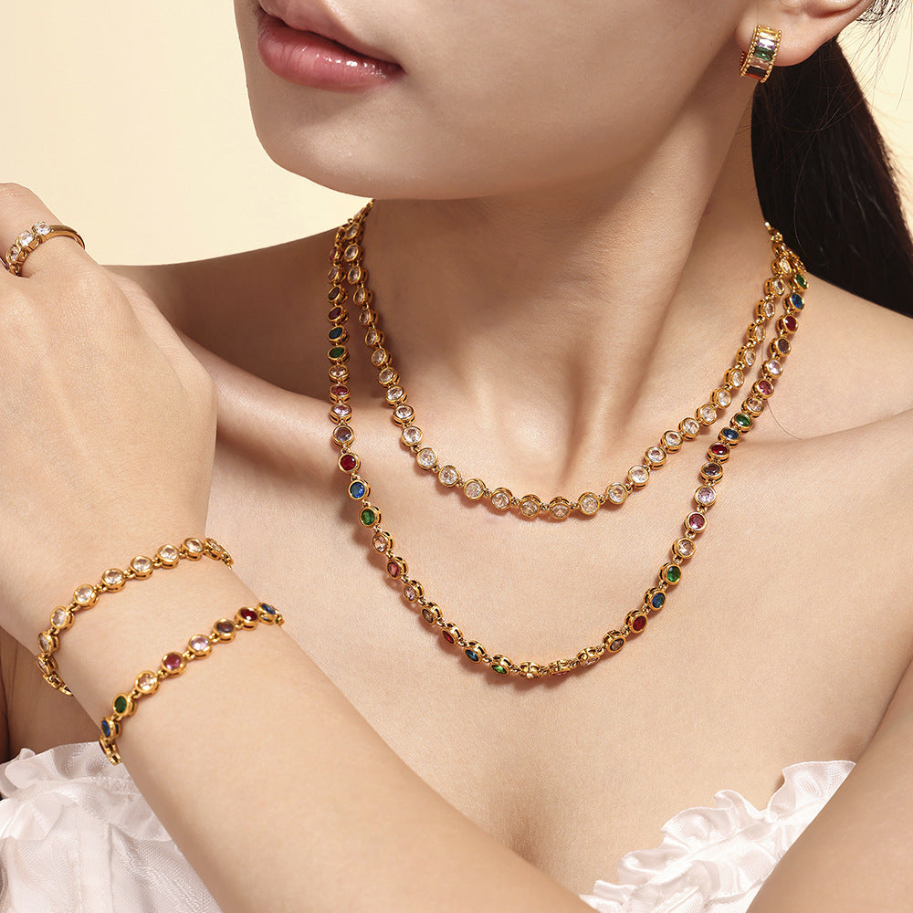 Steel Plated 18K Gold Colorful Round Bead Zircon Necklace Bracelet Super Flash Jewellery Set.