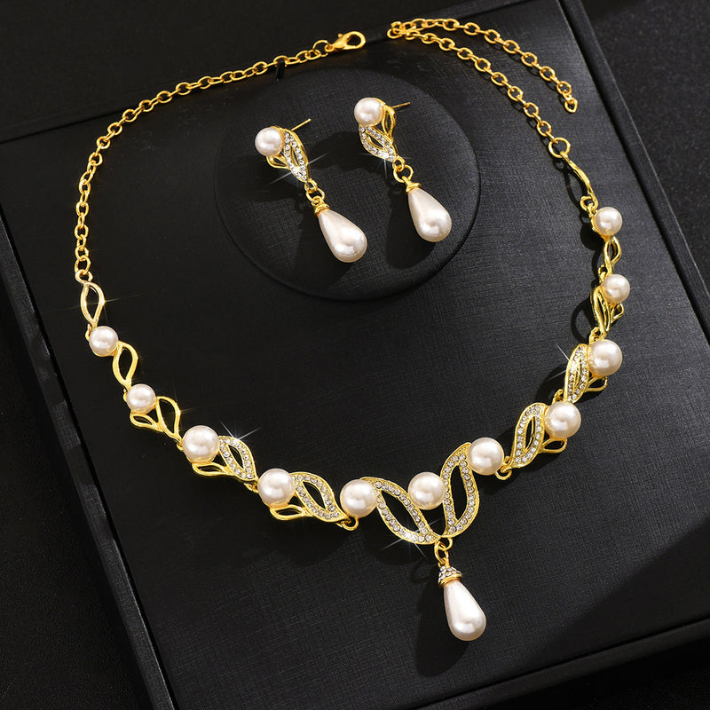 Pinduoduo Cross-border Pearl Women's Fashion Elegant Alloy Drop Bridal Dress Accessories Necklace Earrings suit