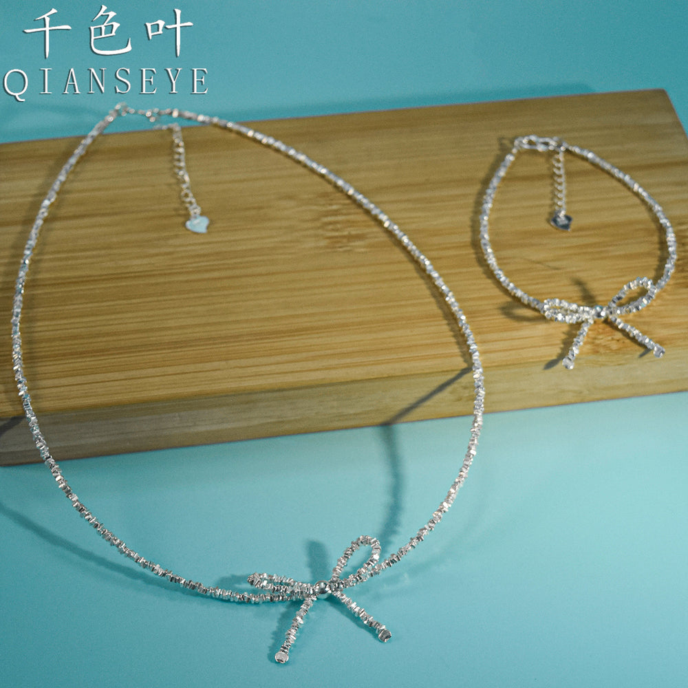 Foot Silver 999 Broken Silver Bow Necklace Korean Niche Design Broken Silver Bow Necklace Clavicle Chain Necklace Chain