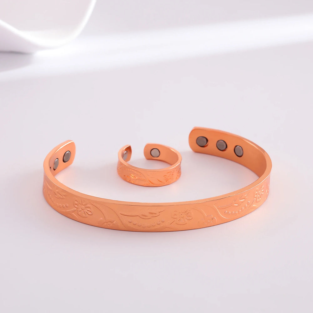 Copper Plating Retro Simple Double Ring Pattern Magnetic Energy Ring Bracelet Gift Set.
