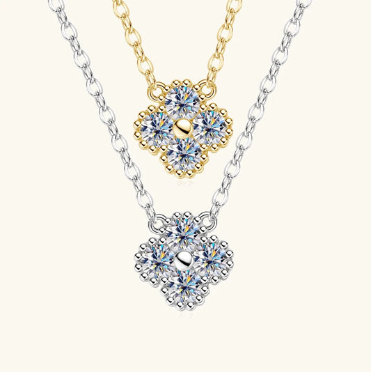 Lnngy 925 Certified Silver Chains Four Leaf Flower 3mm 0.1ct Moissanite Necklace Stud Earring Jewelry Set