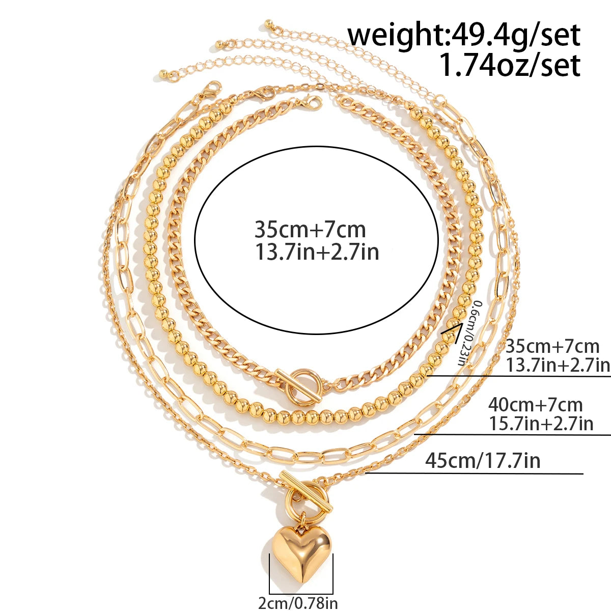 4Pcs/Set Gold Color Heart Pendant Necklace Beaded Chain Jewellery Accessories.