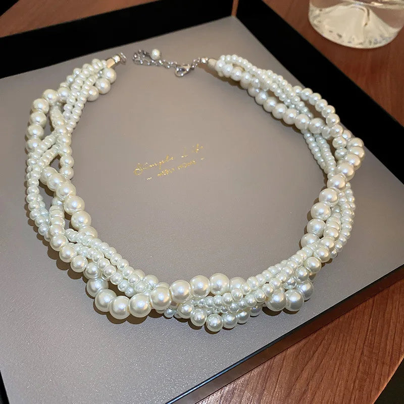 Multi-layered Twisted Imitation Pearl Necklaces, Luxury Collarbone Chain Necklace.