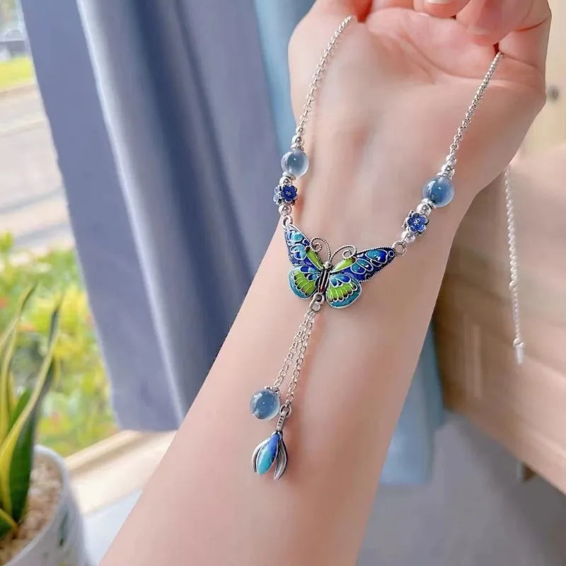925 silver blue-green enamel exquisite butterfly Necklace tassel flower retro jewellery