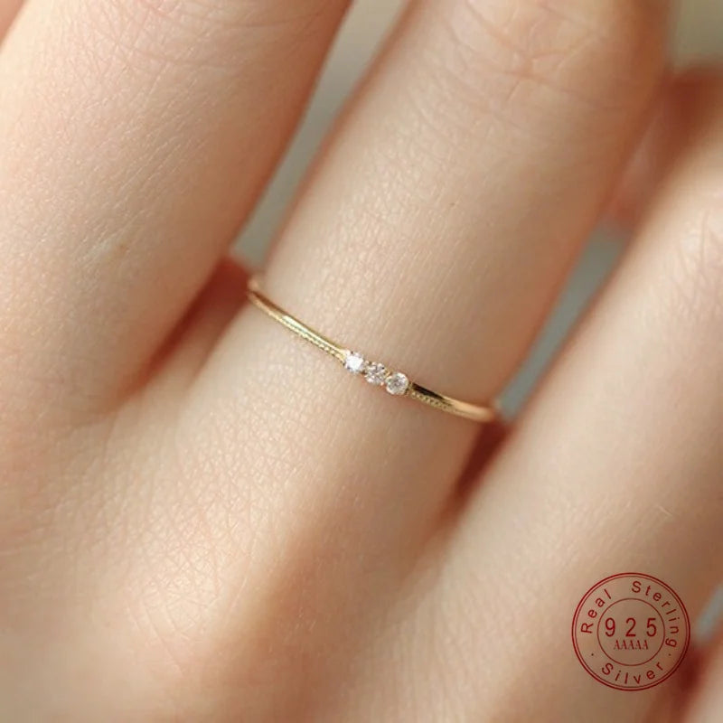  S925 Sterling Silver Plated 14K Gold Sparkling Three Zircon Rings for Women Exquisite Jewellery.
