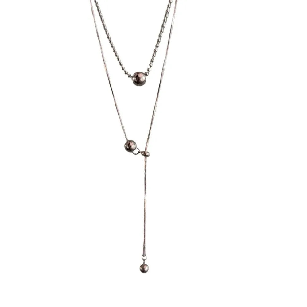 Personality Design Silver Color Stainless Steel Beaded Ball Pendant Necklace, Double Layer Jewellery.