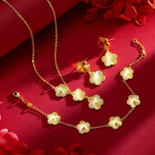 24K Real Gold Light Luxury Flash Plum Blossom Bracelet Necklace Earring Set.
