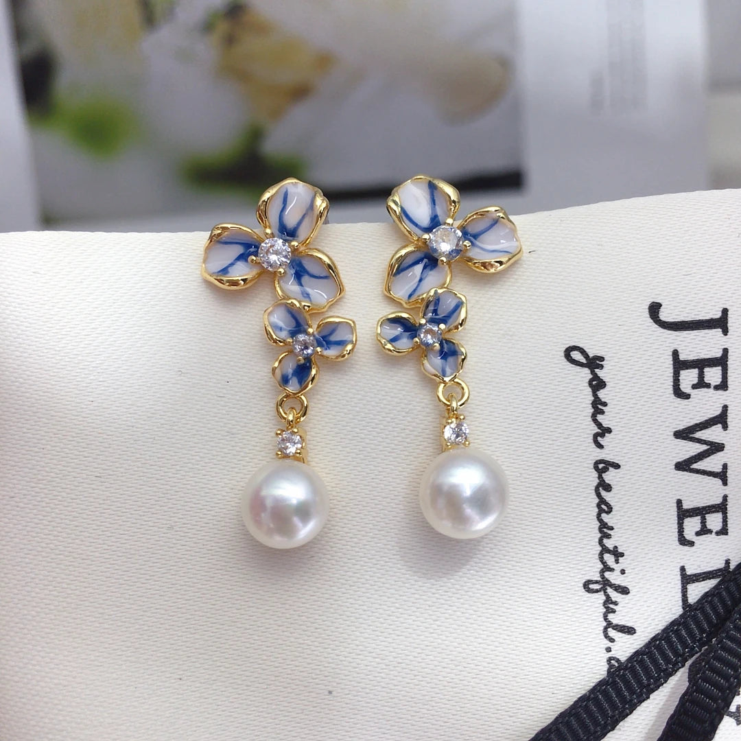 Freshwater Pearl Earrings 7-7.5mm Zircon Symmetry Flower Style Fashion Jewellery.