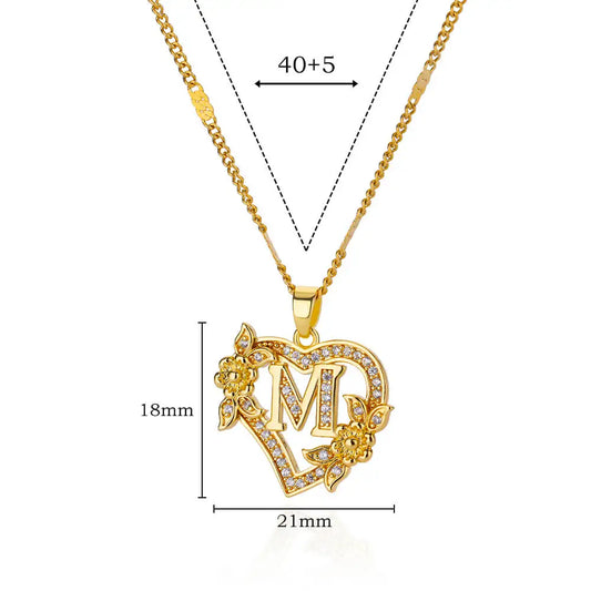 Zircon Flower Heart Initials Necklaces, Stainless Steel Heart Lover Gold Color Letter Chain Collar Necklace.