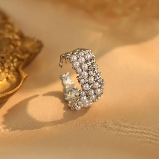 925 Sterling Silver Zircon Pearl Round Rings Minimalist Trendy Light Luxury Fine Jewelry Opening Accessories,.
