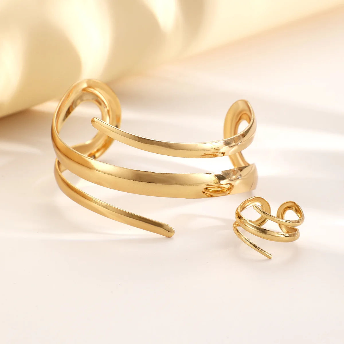 Fashion Metal Open Bracelet & Ring Set For Gold Silver Color Smooth Bangle Rings Elegant Jewellery.