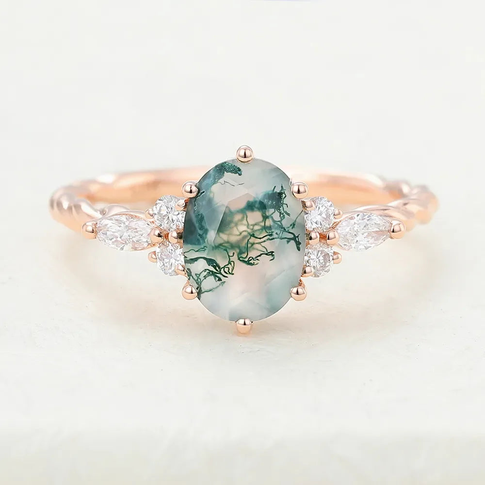 Natural Unique 6x8mm Oval Moss Agate Rings, 925 Sterling Silver Handmade Ring Fine Jewellery.