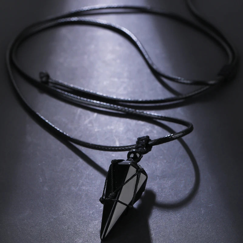 Black Lucky Cool Natural Obsidian Hexagonal Cone Mesh Pocket Braided Rope Pendant Necklace*1pc