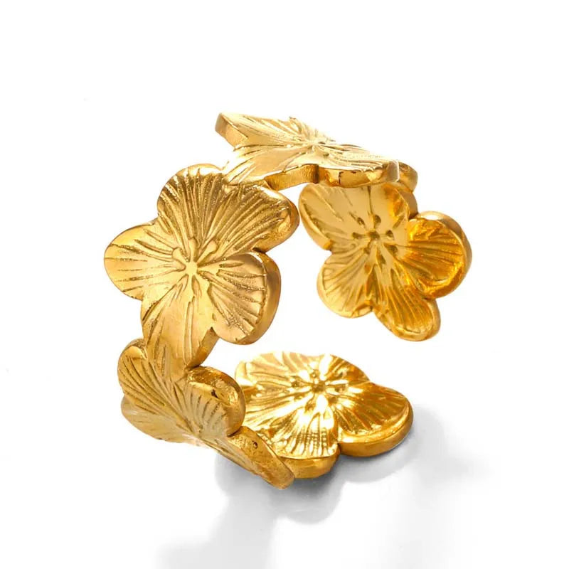 Elegant Stainless Steel Big Bloom Flower Rings, 18k Gold PVD Plated Open Ring Finger Jewelry.