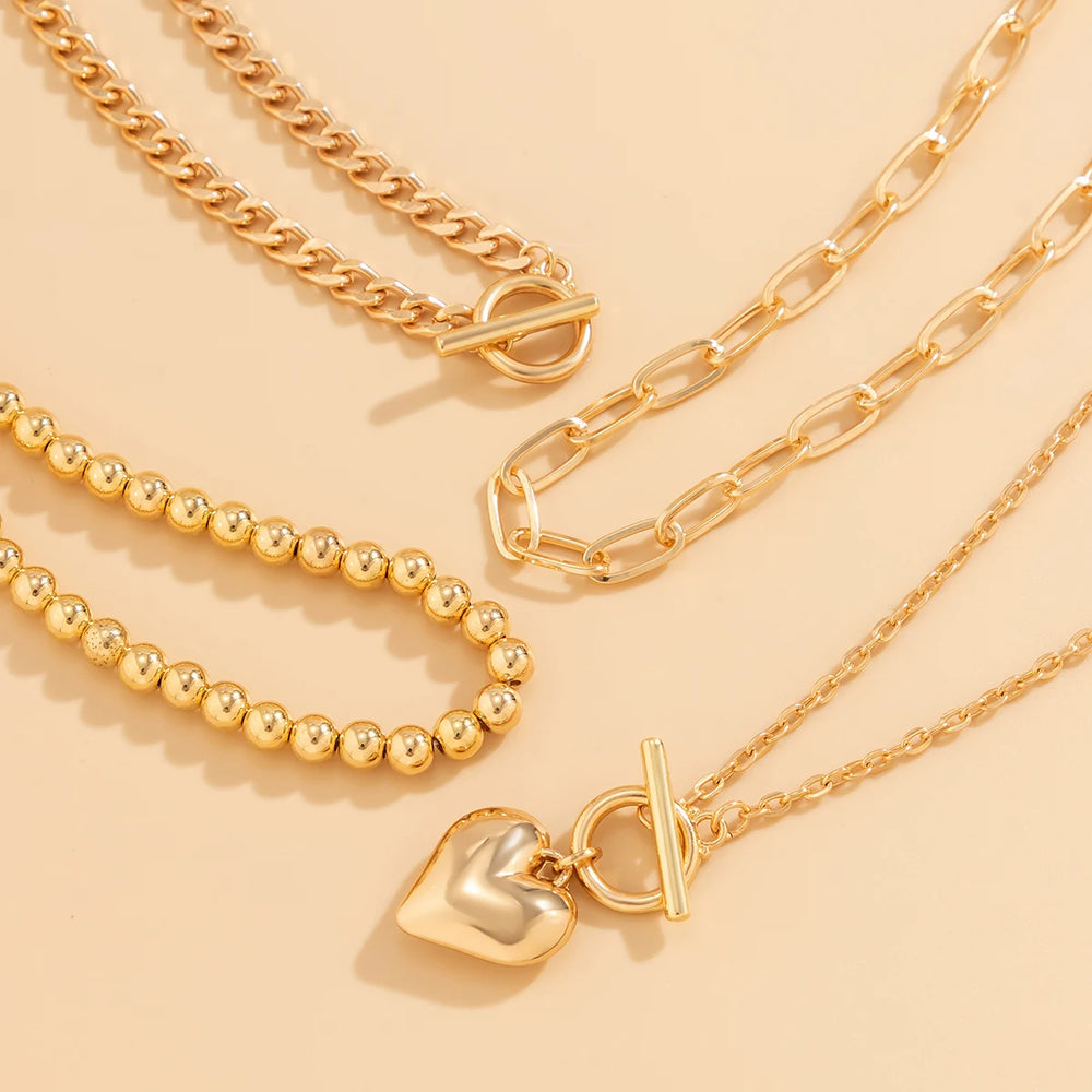 4Pcs/Set Gold Color Heart Pendant Necklace Beaded Chain Jewellery Accessories.