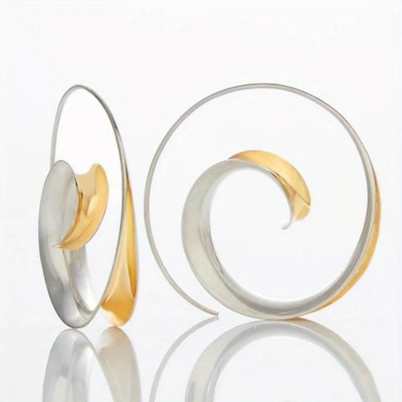 Simple Fashion Two Tone Metal Geometric Glossy Surface Hoop Earrings.