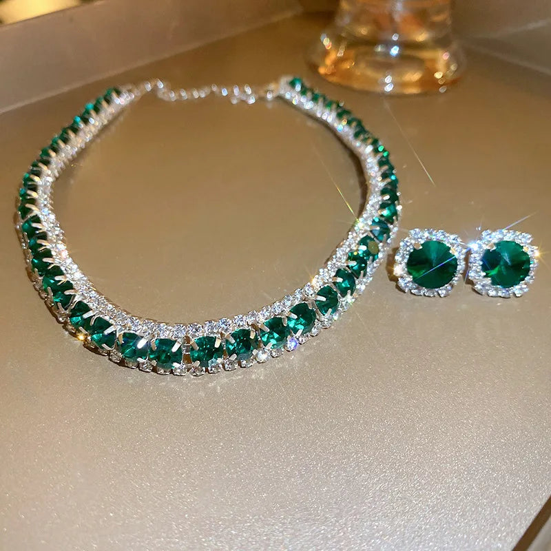 Luxury Rhinestone Necklace Stud Earrings, Crystal Necklaces Ladies Fashion Jewellery Set.