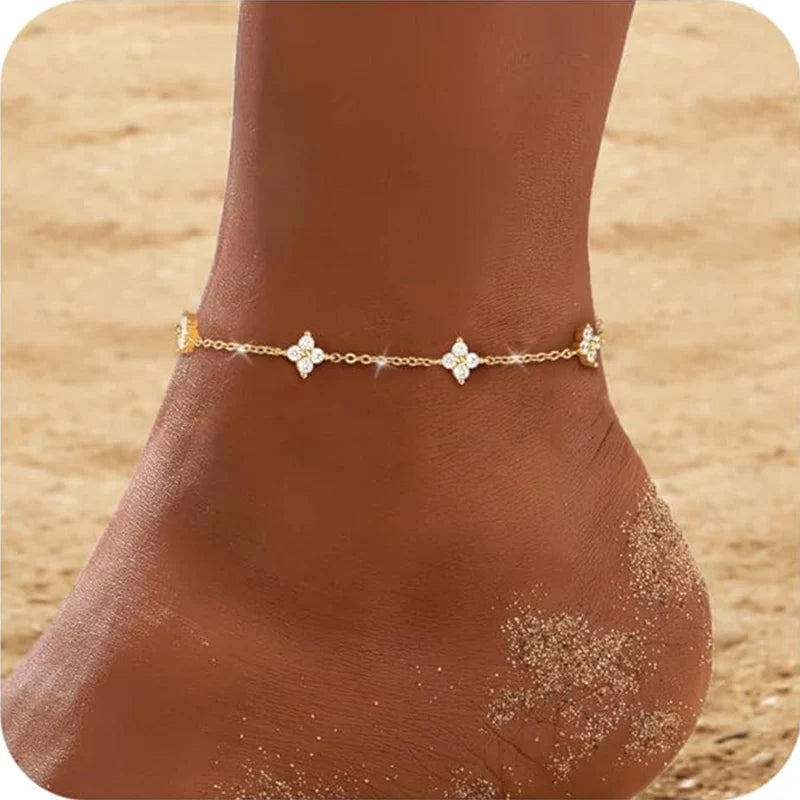 925 Sterling Silver Clover Design Ankle Bracelet Dainty Charm Chain Anklet Adjustable Flower Foot Jewellery.