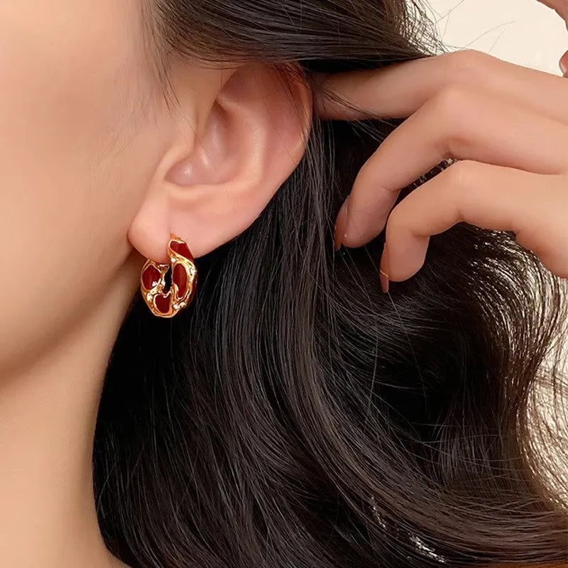 Trendy Enamel Color Metal Texture Small Hoop Earrings, Gold Plated Jewellery Gifts.